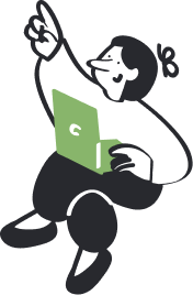 Illustrasjon av en person som peker oppover mens hun bruker en laptop, symboliserer kontinuerlig og oppdatert oversikt over levekår og folkehelse i Nabolagshelse-plattformen.